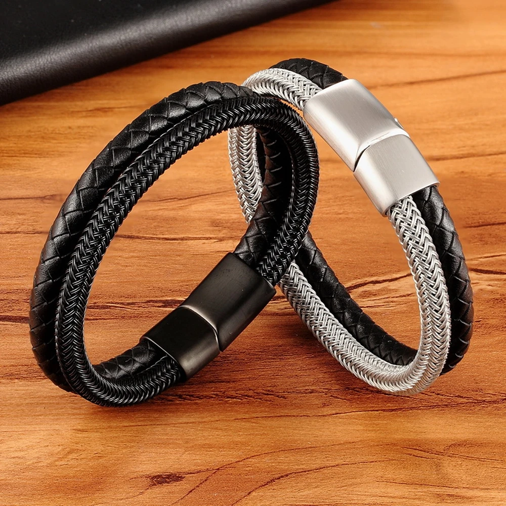 Leather Bracelet Leather Bangle Men's Bracelet Stainless Steel Stitching