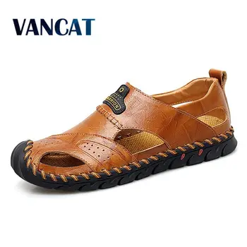 

Brand 2019 New Handmade Summer Sandals Beach Sandals Breathable Men's shoes Genuine Leather Men's Causal Shoes Plus Size 38-48