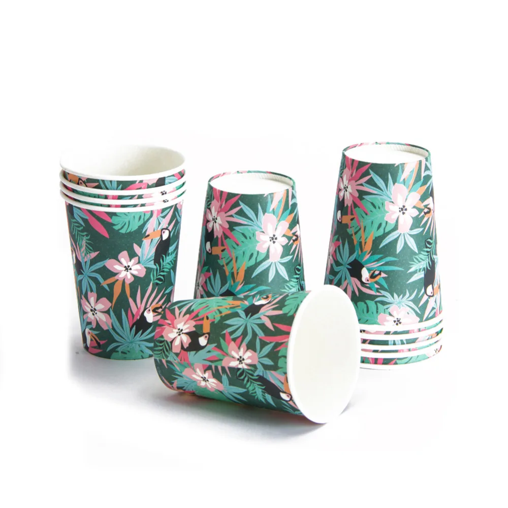 

Pack of 12 Tropical Party Toucan Palm Leaves Disposable Paper Cups 9 oz. Jungle Safari Animal Luau Hawaiian Party