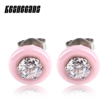 Новые милые розовые керамические Кристальные серьги-гвоздики для женщин круглый кристаллический горный хрусталь серьги кубический цирконий милые повседневные ювелирные изделия