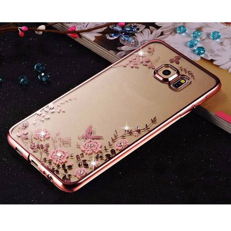 Sunjolly цветок Мягкий ТПУ чехол для телефона розовое золото Bling Rhinestone coque fundas Samsung Galaxy