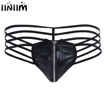 

Men Lingerie Underwear Patent Leather Strappy Zippered Bulge Pouch String Homme Sissy Gay Panties Bikini Underwear Underpants