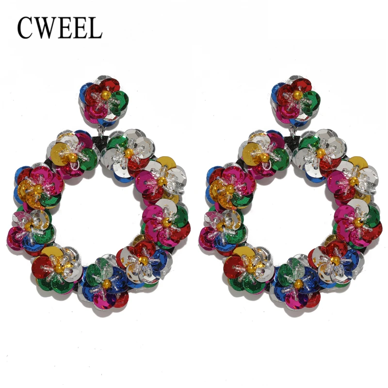 

CWEEL Flower Earring For Women Sequins Statement Round Brincos Big Bohemian Earrings Korean Dangle Drop Earings Fashion Jewelry