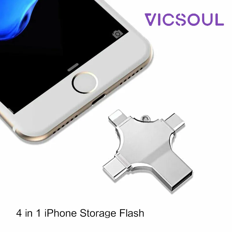 VicSoul 4 в 1 iPhone OTG адаптер для Lightning usb type C Micro USB кардридер с TF картой 16 ГБ 32 флешка |