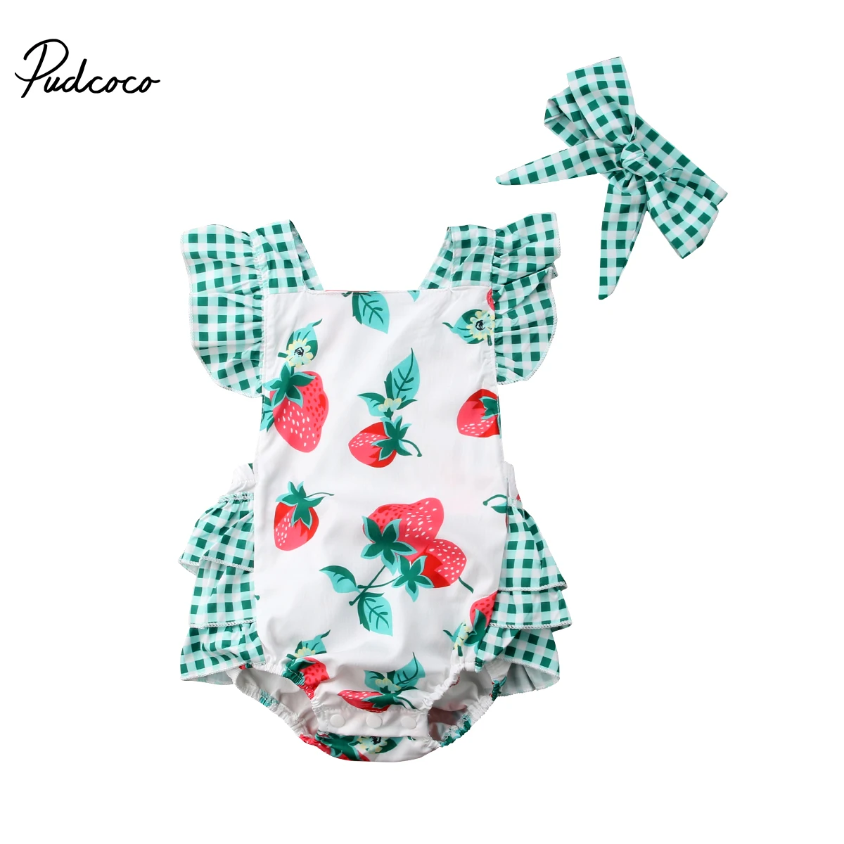 2018 العلامة التجارية جديد الوليد طفلة الفراولة الملابس أكمام عودة الصليب توتو كشكش الطفل رومبير بذلة الزي منقوشة Snsuit