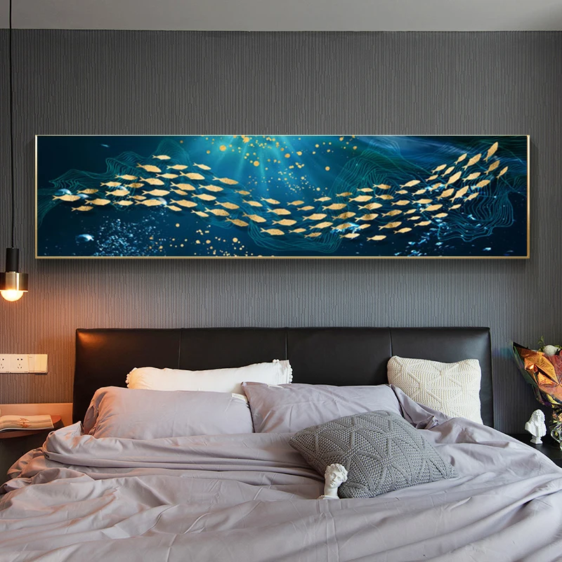 Абстрактный современный декор, Золотая Рыба и луна, Картина на холсте, плакат и печать, настенные художественные картины для гостиной, спальни, живопись