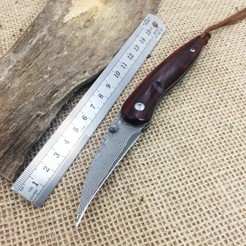 

new mini pocket knife small wood handle key chain knife portable EDC tool hunting knife survival folding knife Damascus blade