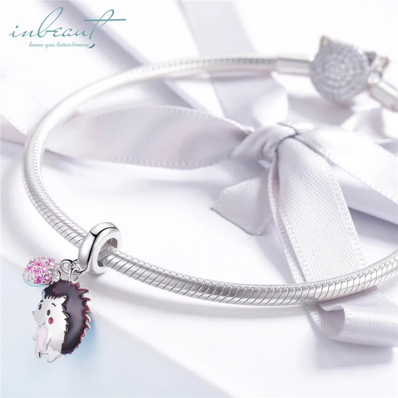 S925 Sterling Silver fit Pandora Bracelet Round Zircon Strawberry Hedgehog Charms Cute Hedgepig Animal Shaped Beads for Chains