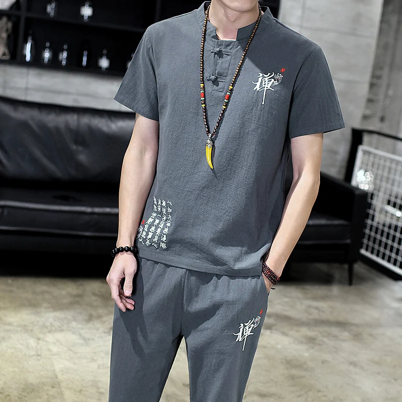 Летняя хлопковая Льняная мужская футболка с короткими рукавами и завязками на лямках, длинные штаны в китайском стиле, Мужской комплект из двух предметов, Азиатский размер