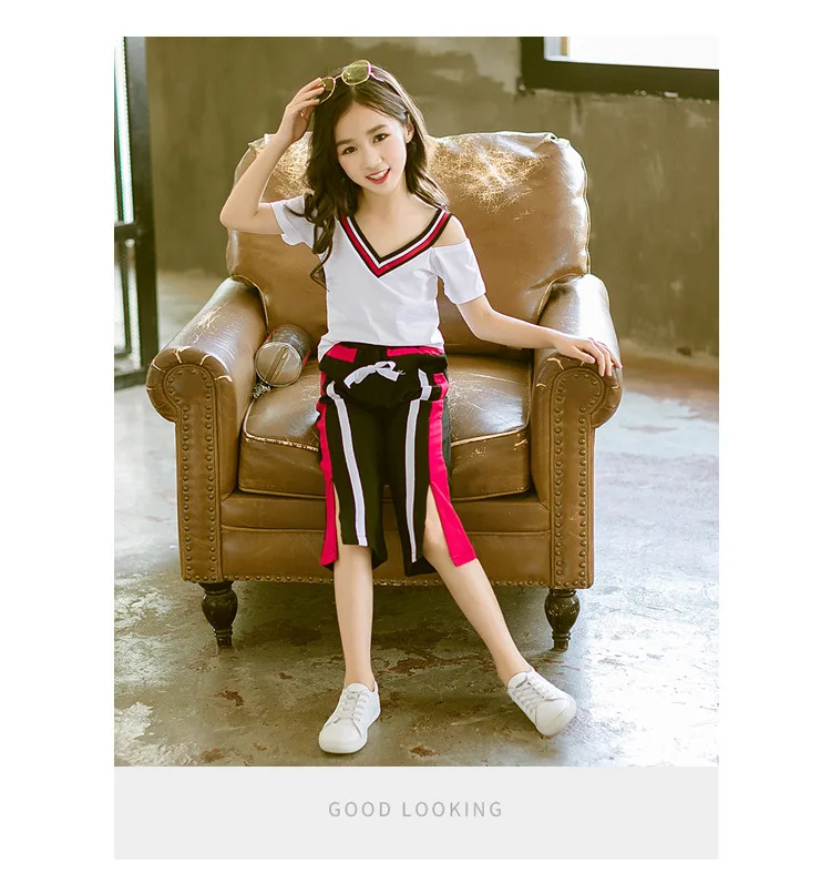 Fashion Summer Girl Clothing Teenage 2019 Child Set 2Pcs White T Shirt Wide Leg Pants Kids Clothes Outfits Sports Suit For Girls (6)