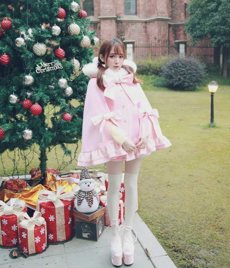 Style Cape Capuche Lolita Laine Noël rouge Fourrure Femmes Nouveau Japonaises Rose Arc Rouge De Hiver Col 2017 Chaud Manteau À Doux BZwqPzAcan