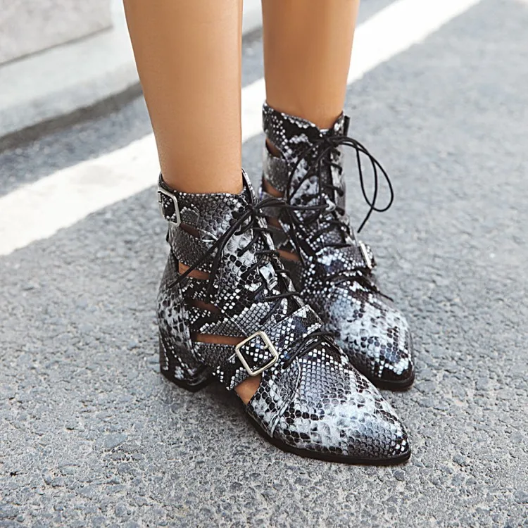 

US4-12 Women Pointed Toe Belt Buckle Serpentine Pattern Ankle Boots Cut Out Lace Up Chunky Heel Gladiator Plus Size A723