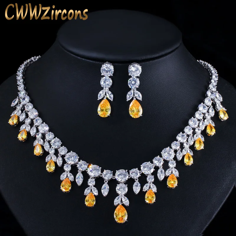 

CWWZircons Luxury Tassel Drop African Big Cubic Zirconia Yellow Stone Wedding Party Bride Necklace and Earring Jewelry Sets T347
