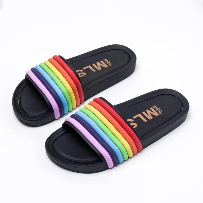 

Melissa Rainbow Women Beach Slippers Summer Flat Shoes Woman Slip On Slides Female Slip On Sandals Girls Outdoor Melissa Slipper