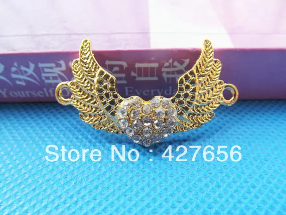 

Shining Golden Filigree Angel Wing & Heart Connector Pendant Charm/Finding,Dotted with 20pcs Rhinestone,DIY Accessory Jewellry