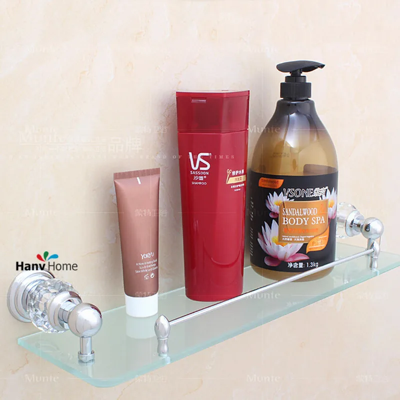 Luxury Chrome Crystal & Brass Bathroom Single Glass Shelf Cosmetics