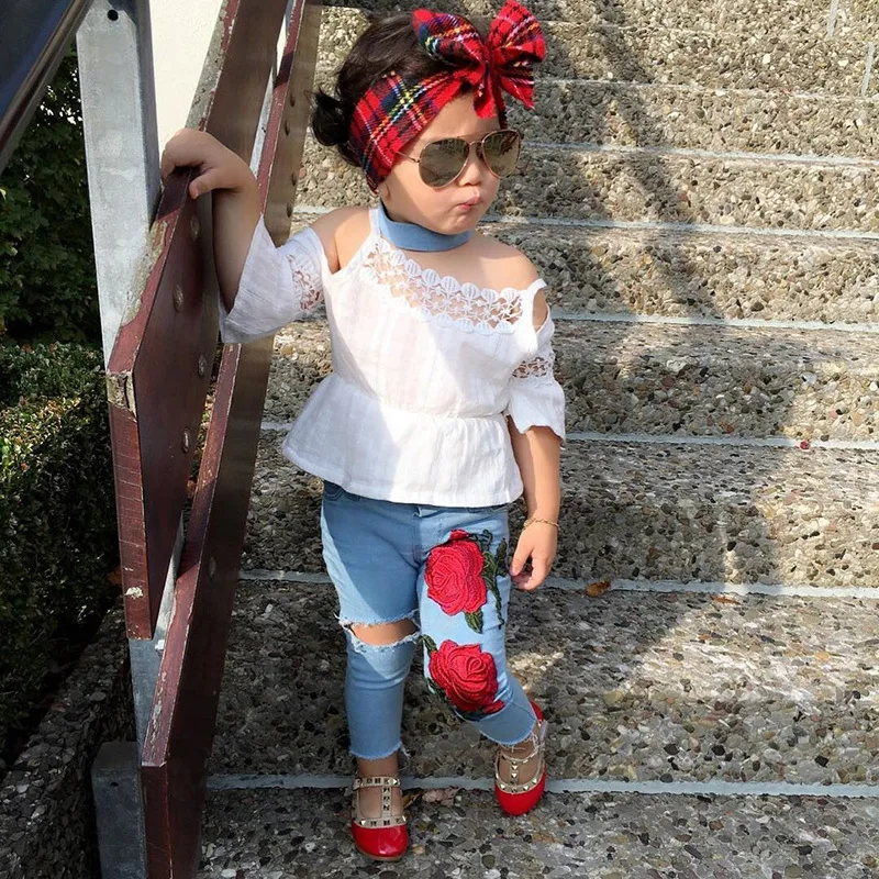 

Summer Explosion Girls Sling Sleeve Tops + Embroidered Denim Newborn Baby Female Baby Solid Color Tops Jeans Set Girls Clothing