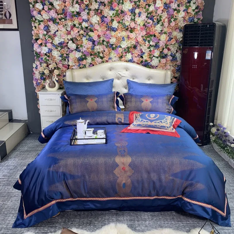 

Blue Luxury European Palace Bedding Set 100S Dyed Jacquard Silk 60S Egyptian cotton Duvet Cover Bed sheet Bed Linen Pillowcases