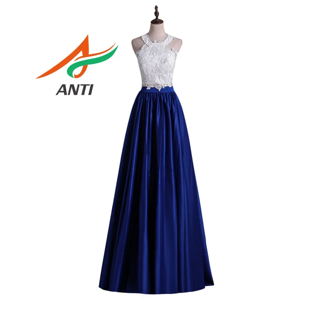 

ANTI 2 pieces Lace Prom Dresses 2019 Elegant A-Line Style Sleeveless O-Neck White Top Blue Satin Europe Party Prom Dress Long