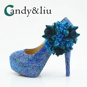 

large size jewelry blue crystal wedding shoes blue flower crystal party pumps for bride banquent evening clubnight with platform