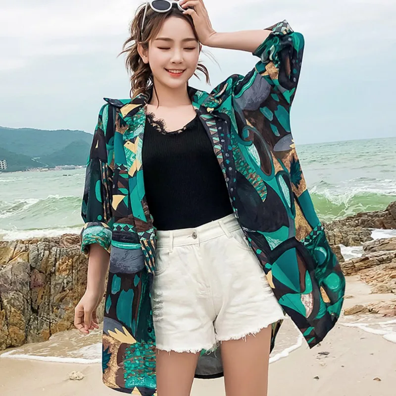 

Women Vintage Cartoon Print Blouses Lapel Shirt Loose Single-breasted Long Sleeve Sun Protection Blouse hot sale