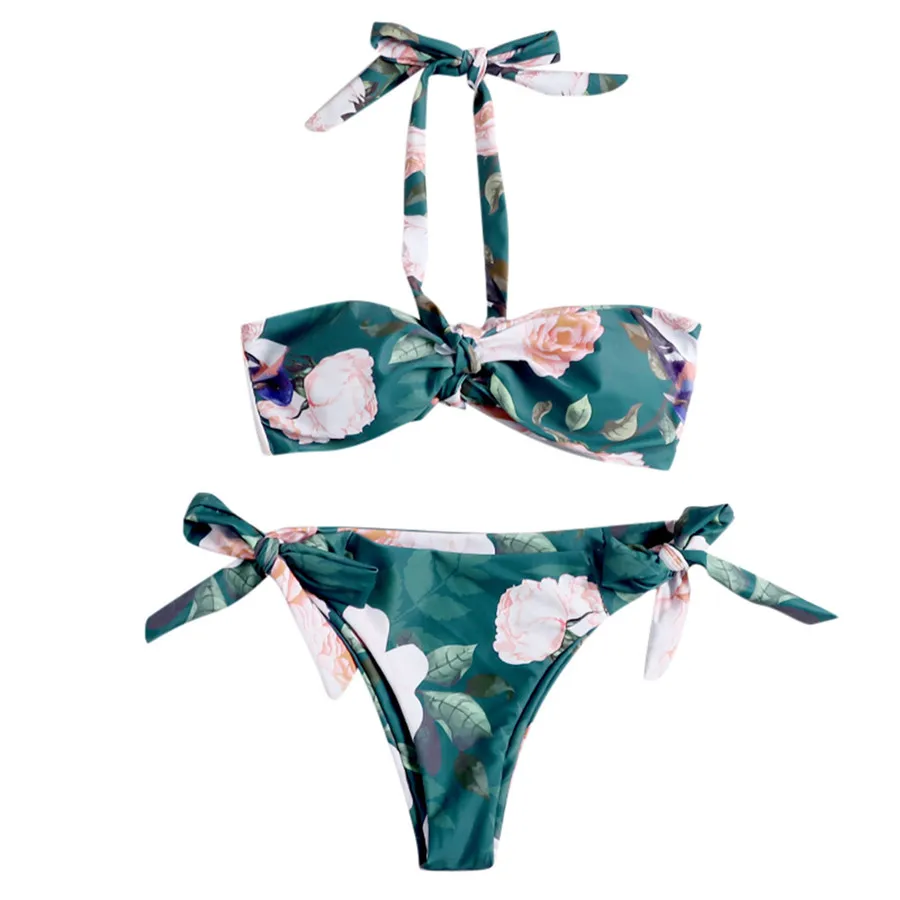 2019 Woman hanging neck green leaf print sexy split bikini suit swimsuit beach sports swimsuit push up mujer brasile 40M29 (11)