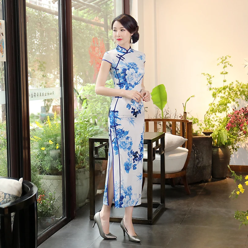 Шанхай история китайский Для женщин пикантные длинные Qipao Винтаж элегантный Повседневное Cheongsam леди ручной работы и пуговицы качество