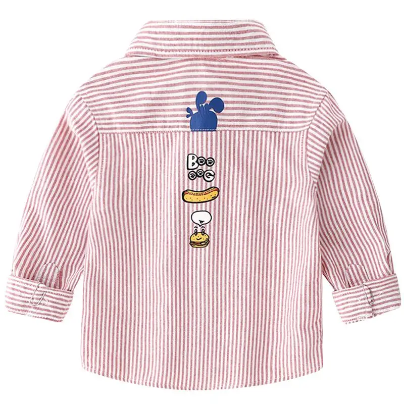 Famuka Boys Shirts Casual Striped Children Blouses Cartoon Fries Pocket Design Long Sleeves Kids Cotton Shirt Tops Boy Clothing