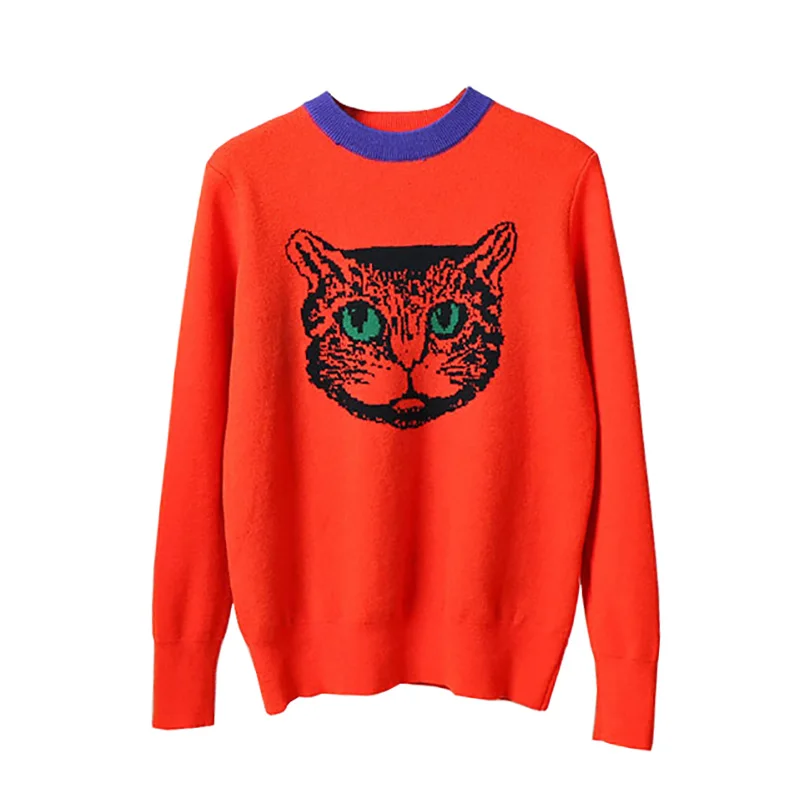Runway Designer Red Cat Print Knitted Sweaters Pullovers Women 2018 Autumn Winter Long Sleeve Harajuku Sweet Jumper Clothes | Женская