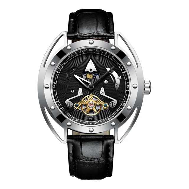Мужские автоматические механические часы TEVISE Роскошные спортивные Moon phase Tourbillon модные повседневные кожаные новые часы Relogio Masculino - Цвет: BK SR BK