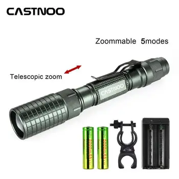 

Castnoo 8000 Lumens Zoom T6 LED Flashlight 5 Modes 18650 Camping Bike Light Clip 360 Degree +Dual Slot Charger US Plug EH