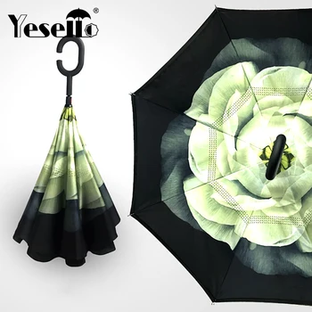

Yesello Flower Gardenia Folding Double Layer Inverted Umbrella Self Stand Inside Out Rain Protection Long C-Hook Hands For Car