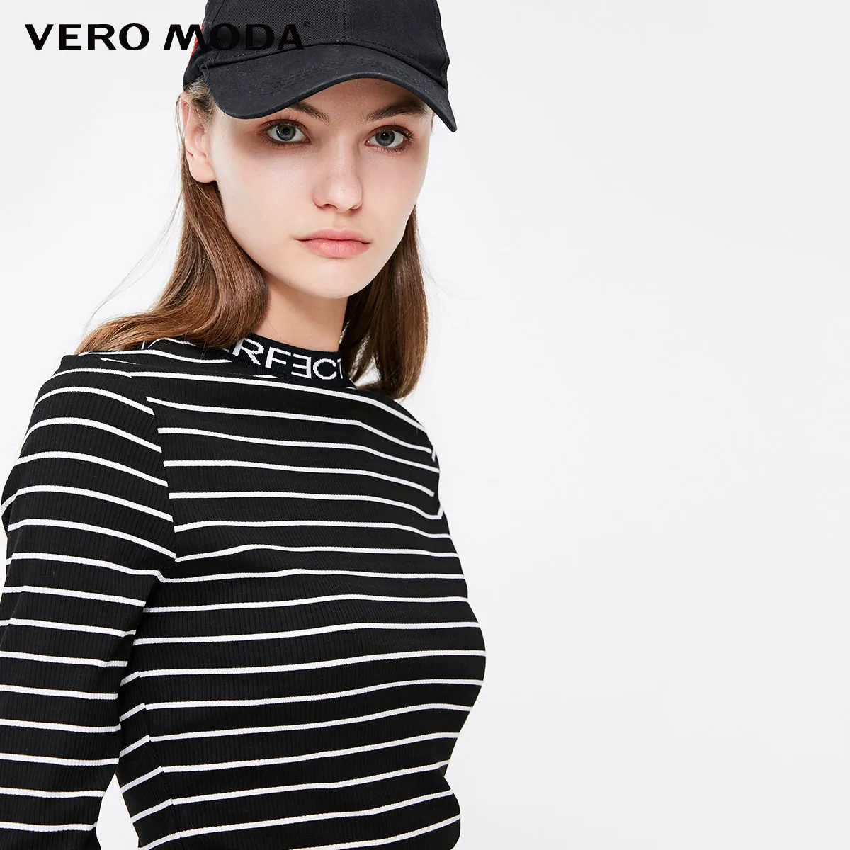 Vero Moda Новая Женская Полосатая футболка с буквенным принтом 3/4 рукавами | 318330511 - Color: Black