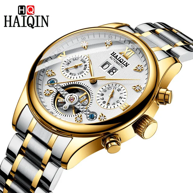 gold white HAIQIN Автоматический Механические Мужские часы бизнес часы для мужчин полный сталь Военная Униформа водонепроницаемый Ветер Tourbillon неделю - Цвет: gold white