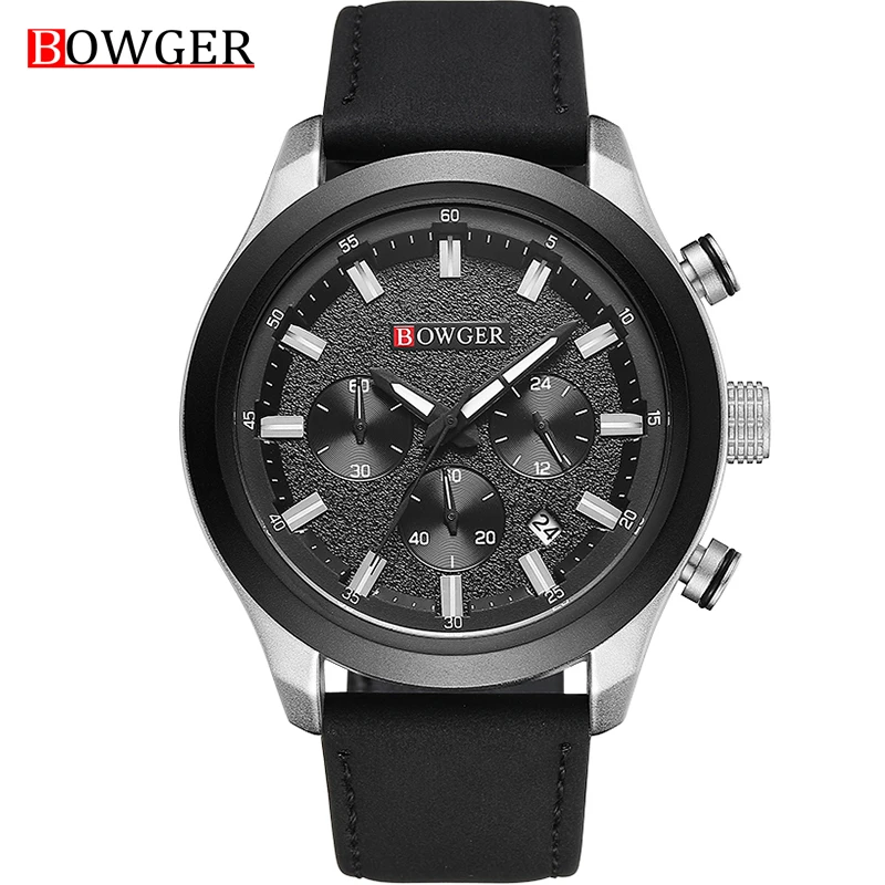 

BOWGER Chronograph Men Watch Relogio Masculino Leather Business Quartz Calendar Clock Men Creative Army Military Wrist Watches