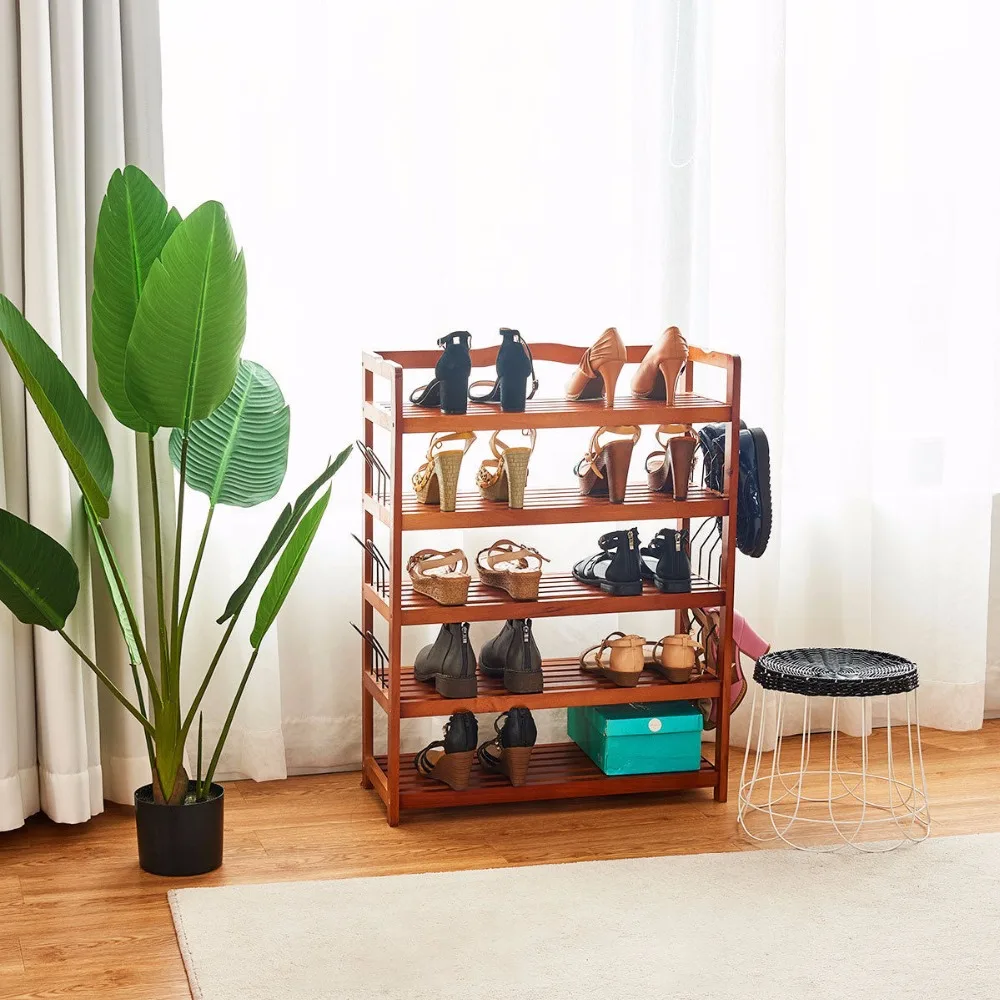 Giantex 5-Tier Wooden Shoe Rack Shelf Storage Organizer Entryway W/ 6 Shoe Stretcher Living Room Furniture HW57486