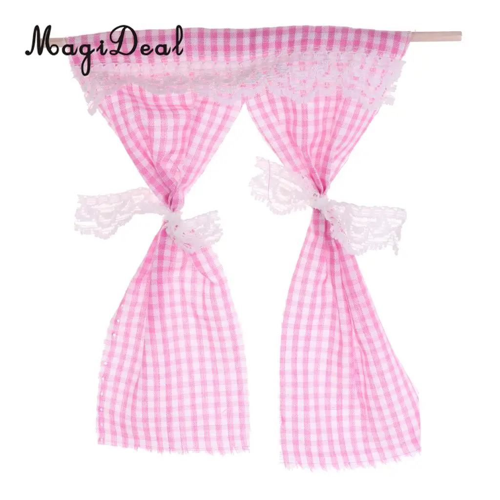 Dollhouse Miniatures Cute Lattice and Lace Pink Cotton Curtain for 1/12 Scale Dolls House Bedroom Furniture Decor Acc 3Colors