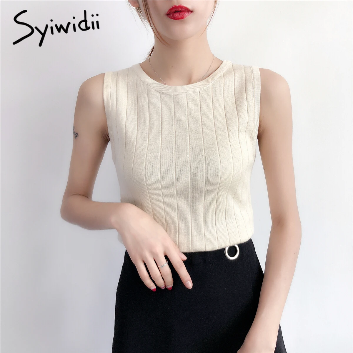 Хаки Sexy Knitted Top Sleeveless Tank Top Women Camisole Blouse O Neck Slim Top Female T-shirt Vest Casual Camis Haut Femme - Цвет: Хаки