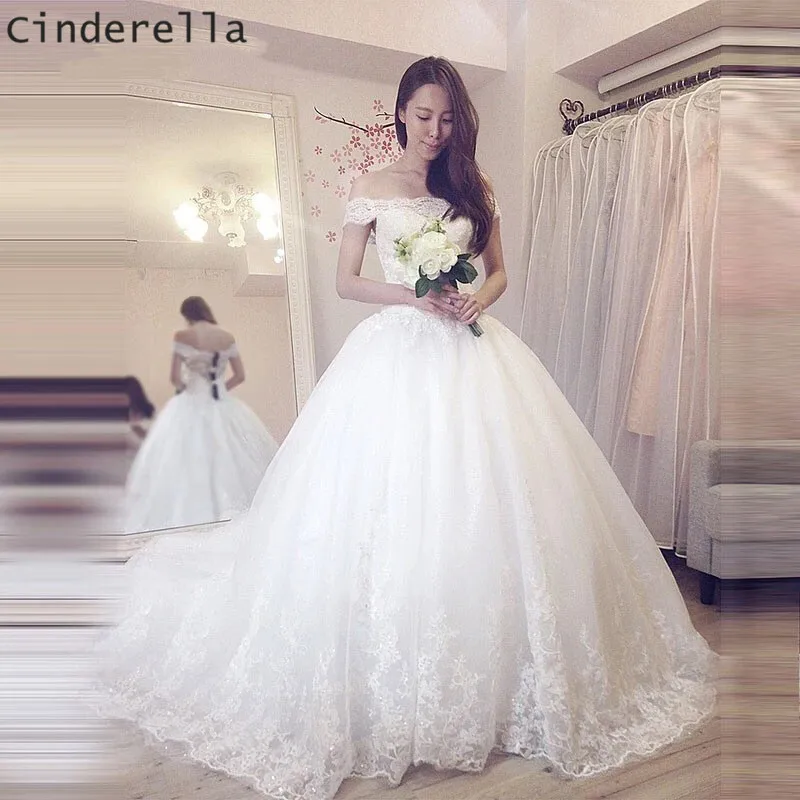 

Cinderell Boat Neck Off The Shouder Lace Up Back Lace Applique Crystal Beaded Princess Ball Gown Wedding Dresses Bridal Dresses