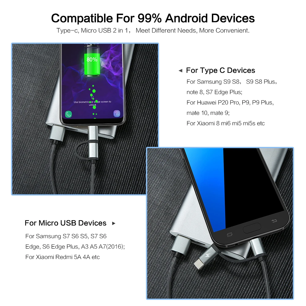 Novedoso pack de QC3.0 2.8A Cable Micro USB cargador rápido de carga USB Cable de tipo C 2in1 tipo-C Cable para Samsung xiaomi Oneplus Huawei P9