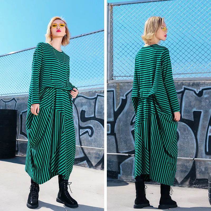 

2019 new spring and autumn wear long dress female loose large size waist thin stripe stitching dress tide