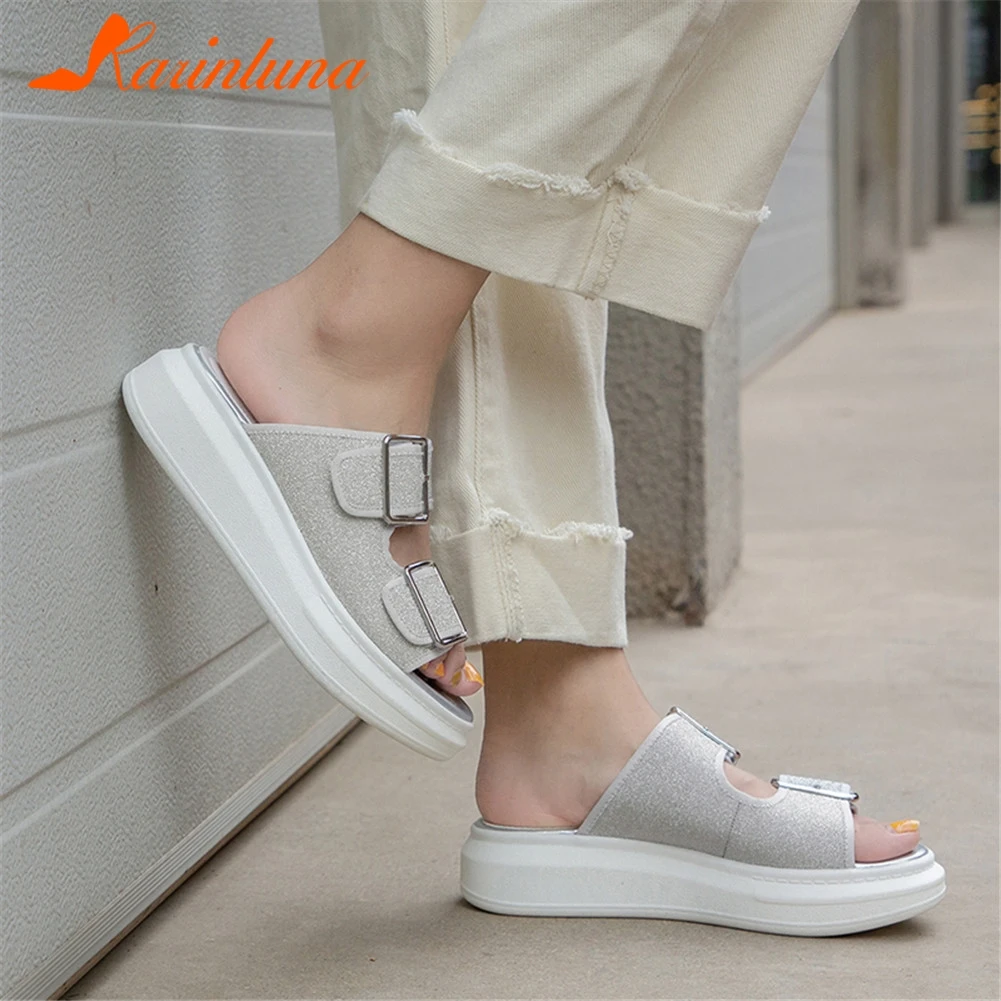

KARINLUNA Brand New Fashion Ladies Med Heels Belt Buckle Bling Flat Platform Shoes Woman Casual Outside Summer Slippers