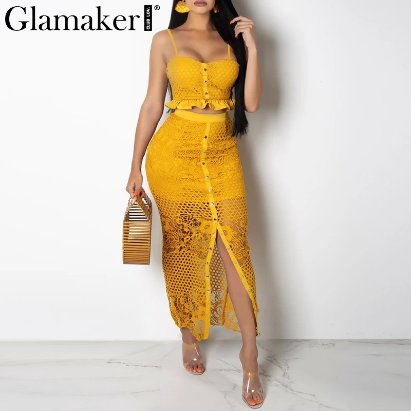 Glamaker الجوف خارج مثير الأصفر فستان طويل المرأة الدانتيل كشكش 2 قطعة ماكسي فستان مناسبات Bodycon الصيف عطلة حزب شاطئ اللباس
