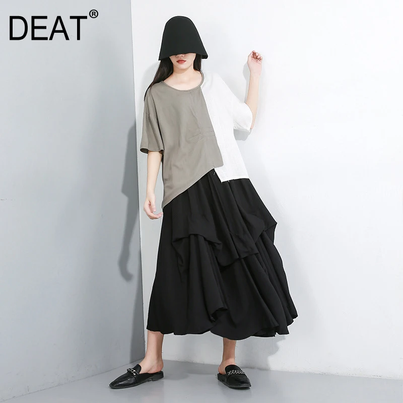 

[DEAT] 2019 New Spring Summer Round Neck Short Sleeve Hit Color Gray Irregular Loose Big Size T-shirt Women Fashion Tide JX47