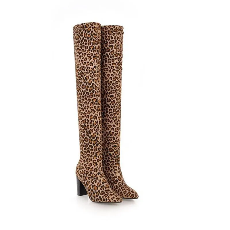 Sexy Leopard Over The Knee Ridding Boots For Women New Fashion Streth Fabric High Heels Autumn Winter Female Concise High Boots (28)