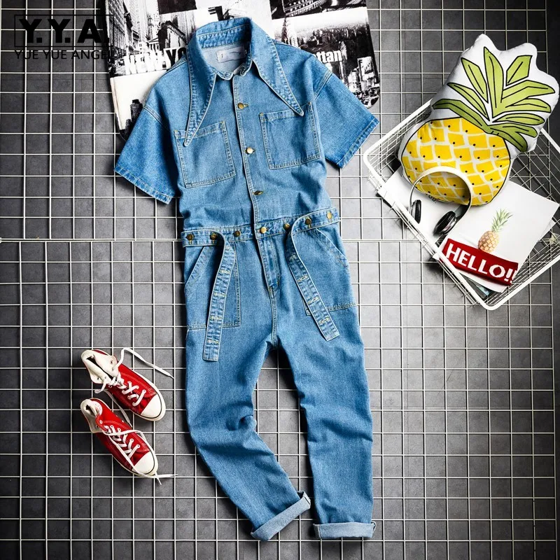 Euro Hip Hop Fashion Mens Denim Jumpsuit Vintage One Piece Cargo Pants
