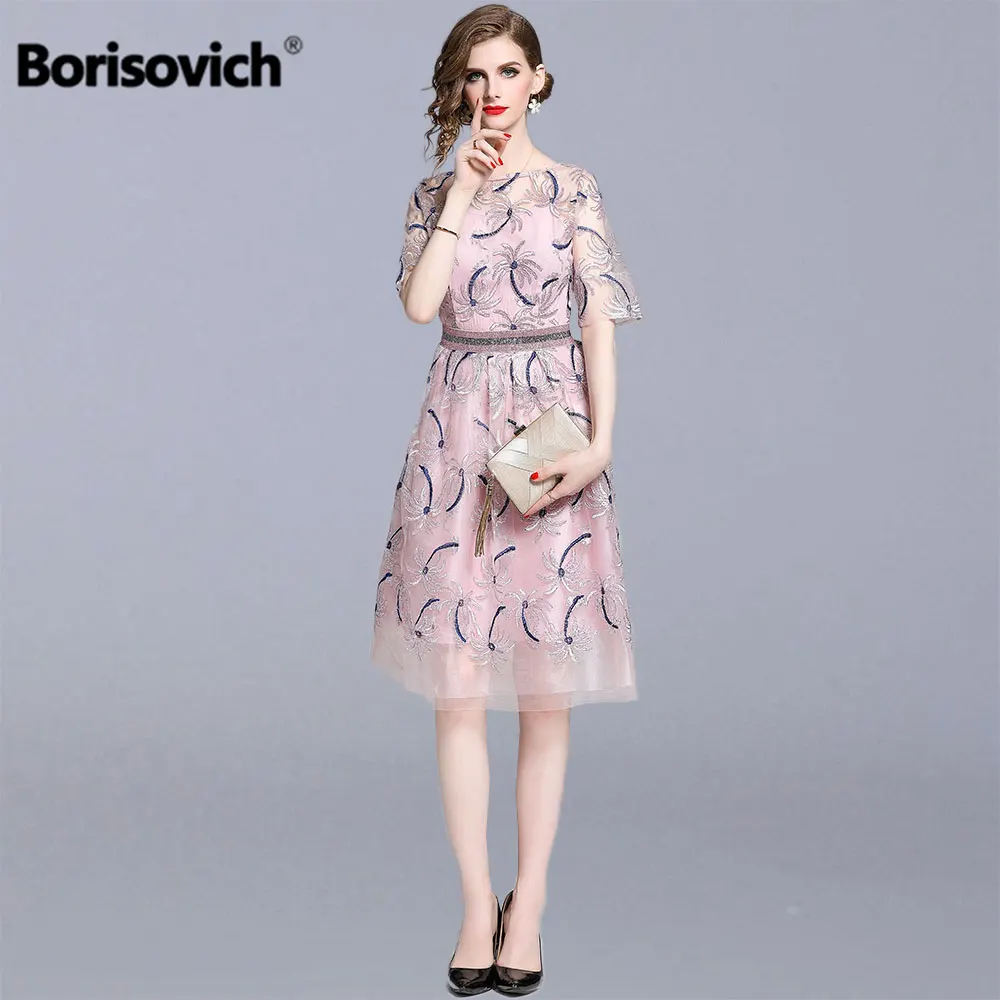 

Borisovich Luxury Embroidery Women Summer Casual Dress New 2019 Fashion Knee-length Elegant A-line Ladies Party Dresses N1066