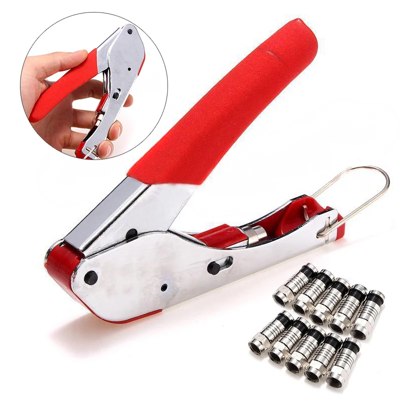 

1pc Coax Compression Crimper Coaxial Cable Crimping Tool Universal F-Type Compression Tool+10pcs RG6 Compression Connectors Kits