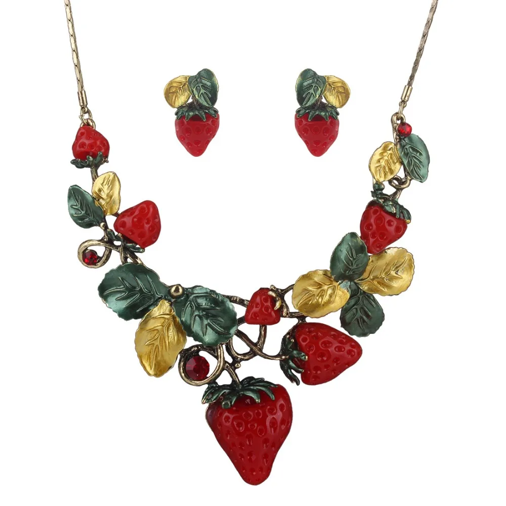 2016 Trendy Strawberries Enamel Necklace Earrings Set Fashion Jewelry Sets For Women Wedding