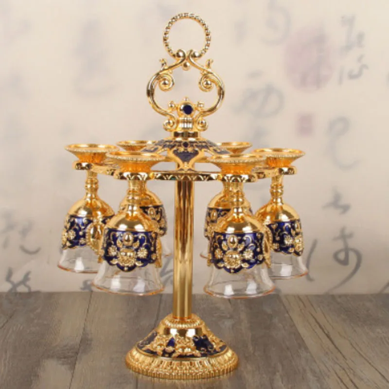 gold and blue Домашняя пивоварня, китайский набор чашек для вина, 6 шт., полка для бокалов, ликер, рюмка, Классическая пивоварня, пиво, красное вино, маленькие кружки для семейного пивоварения - Цвет: gold and blue